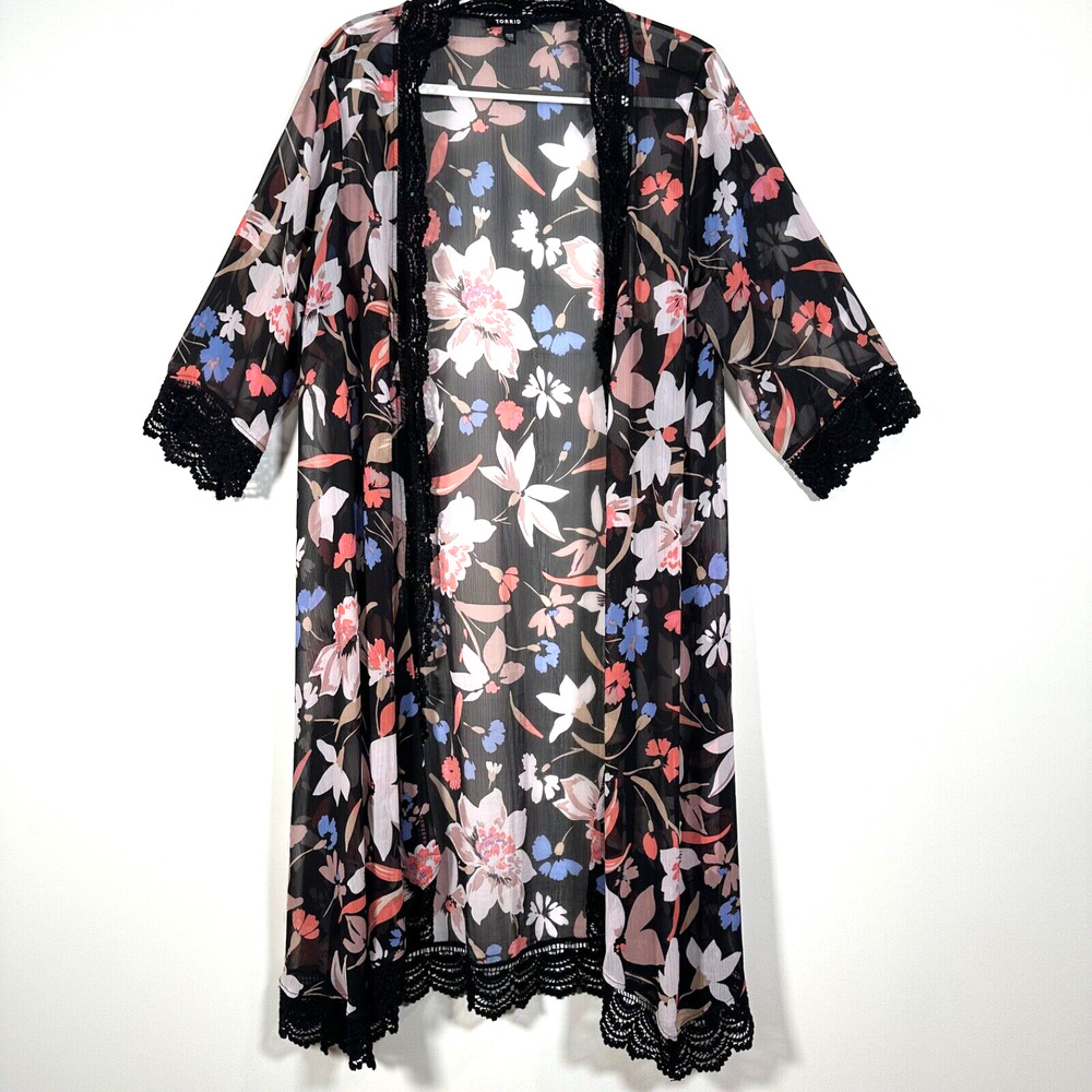 Torrid Floral Kimono Duster Women's 00/0 M/L Black Floral Lace Trim Long Open